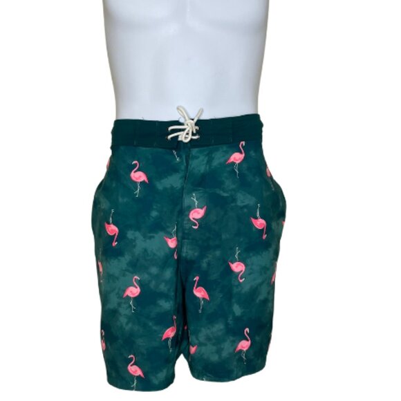 Old Navy Men's Green Flamingos Faux Fly Pocket Swim Trunks Beach Outdoor Sz L - Picture 1 of 10